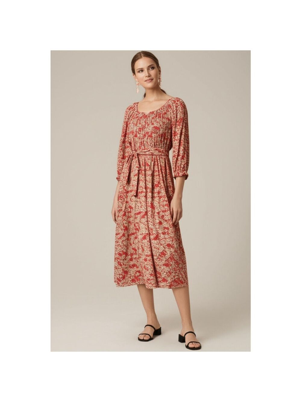 Loft Floral Peasant Dress Size 16 Red Pink Midi